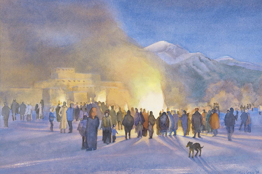 Christmas Painting - Taos Pueblo on Christmas eve by Jane Grover