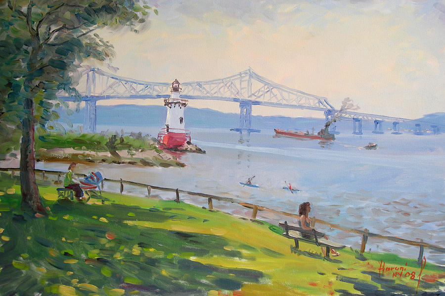 Hudson River Painting - Tappan Zee bridge and light house by Ylli Haruni