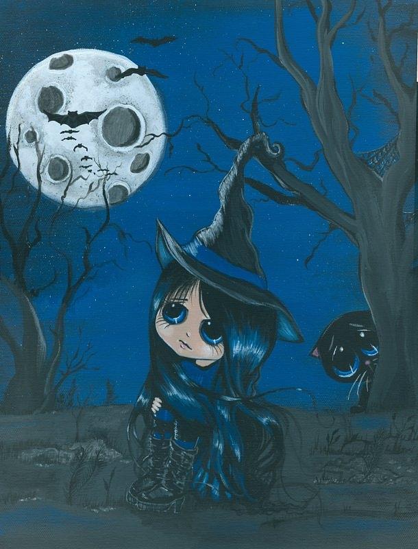 Halloween Painting - Tara and Boo Moongazing by Bonnie Brewer Halloween Painting - Tara and Boo Moongazing by Bonnie Brewer