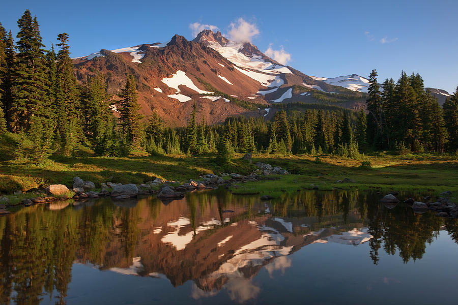 Tarn reflection of Central Oregon's Mt Jefferson. Photograph by Larry ...