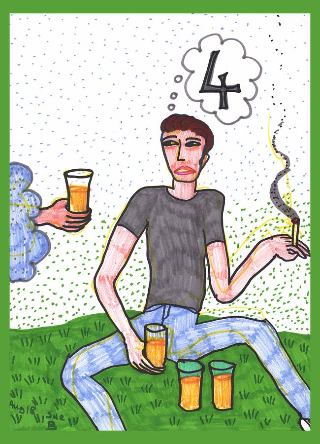 Tarot Drawing - Tarot of the Younger Self Four of Cups by Sushila Burgess Tarot Drawing - Tarot of the Younger Self Four of Cups by Sushila Burgess
