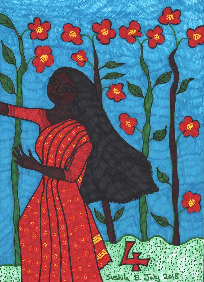 Tarot Drawing - Tarot of the Younger Self Four of Wands by Sushila Burgess Tarot Drawing - Tarot of the Younger Self Four of Wands by Sushila Burgess