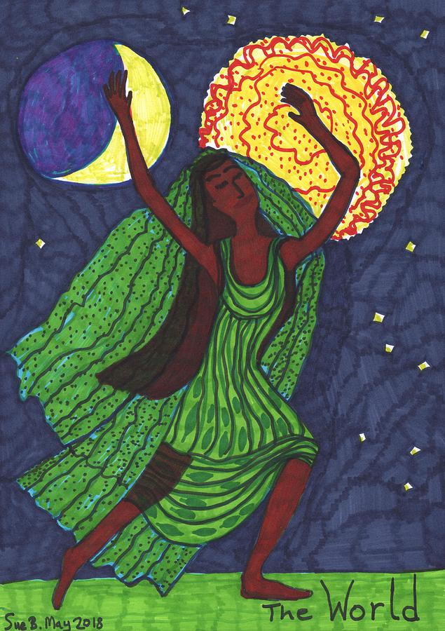 Tarot Drawing - Tarot of the Younger Self the World by Sushila Burgess Tarot Drawing - Tarot of the Younger Self the World by Sushila Burgess