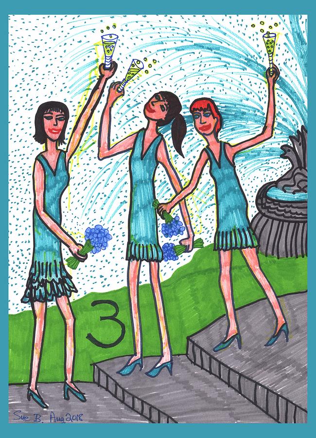 Tarot Drawing - Tarot of the Younger Self Three of Cups by Sushila Burgess Tarot Drawing - Tarot of the Younger Self Three of Cups by Sushila Burgess