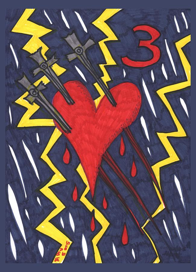 Tarot Drawing - Tarot of the Younger Self Three of Swords by Sushila Burgess Tarot Drawing - Tarot of the Younger Self Three of Swords by Sushila Burgess