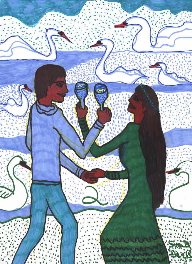 Tarot Drawing - Tarot of the Younger Self Two of Cups by Sushila Burgess Tarot Drawing - Tarot of the Younger Self Two of Cups by Sushila Burgess