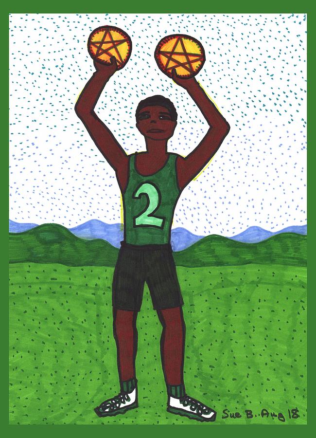 Tarot Drawing - Tarot of the Younger Self Two of Pentacles by Sushila Burgess Tarot Drawing - Tarot of the Younger Self Two of Pentacles by Sushila Burgess