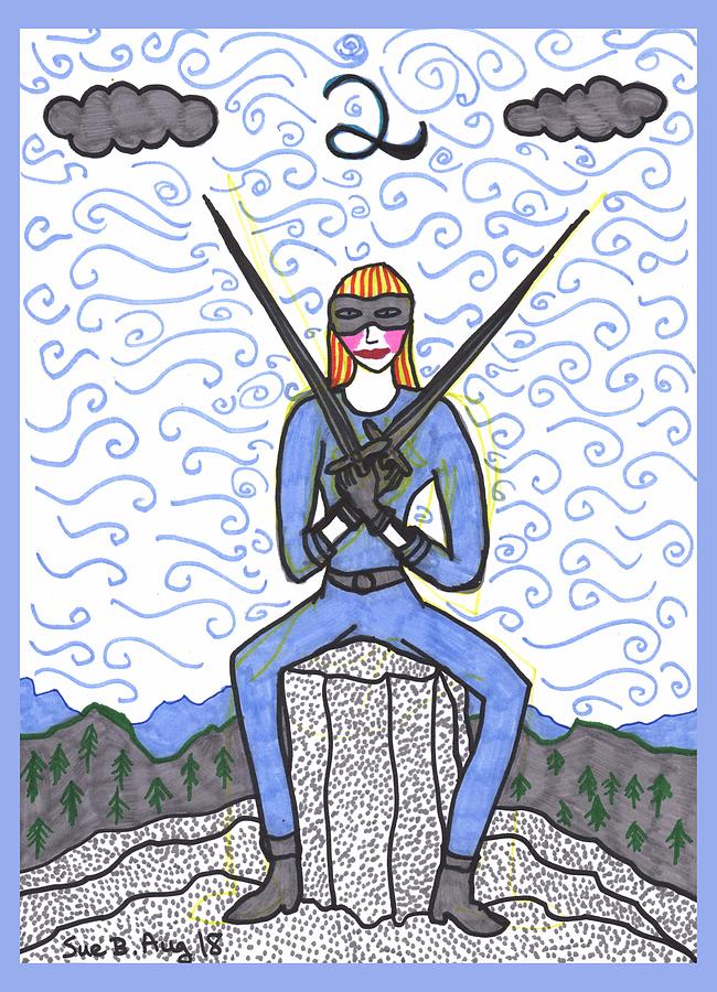 Tarot Drawing - Tarot of the Younger Self Two of Swords by Sushila Burgess Tarot Drawing - Tarot of the Younger Self Two of Swords by Sushila Burgess