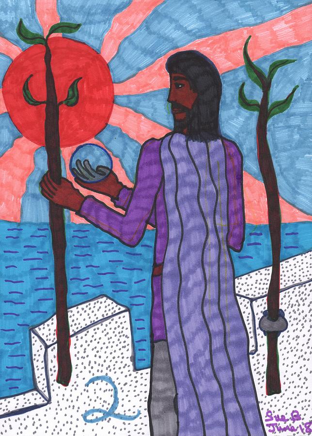 Tarot Drawing - Tarot of the Younger Self Two of Wands by Sushila Burgess Tarot Drawing - Tarot of the Younger Self Two of Wands by Sushila Burgess