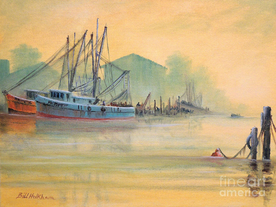 Tarpon Springs Painting - Tarpon Springs Sponge Docks Misty Sunrise by Bill Holkham