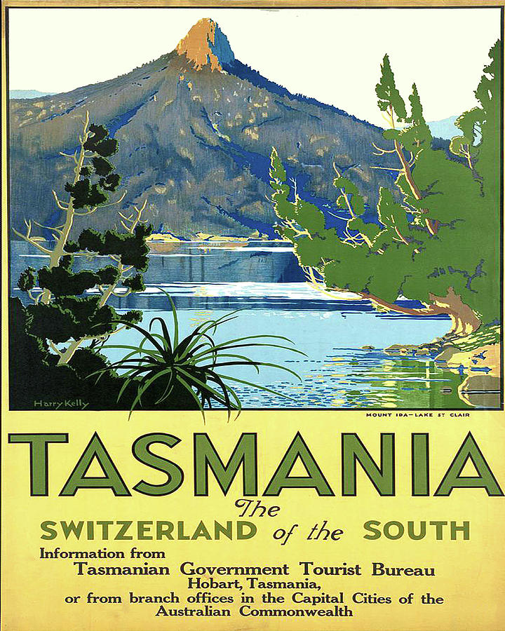 Vintage Painting - Tasmania, Mountain, lake, vintage travel poster by Long Shot