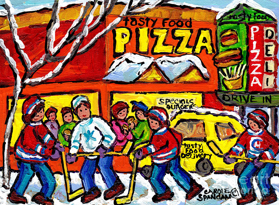 Tasty Food Pizza Montreal Winter Scene Restaurant Painting Hockey Art Canadian Artist Carole Spandau Painting by Carole Spandau