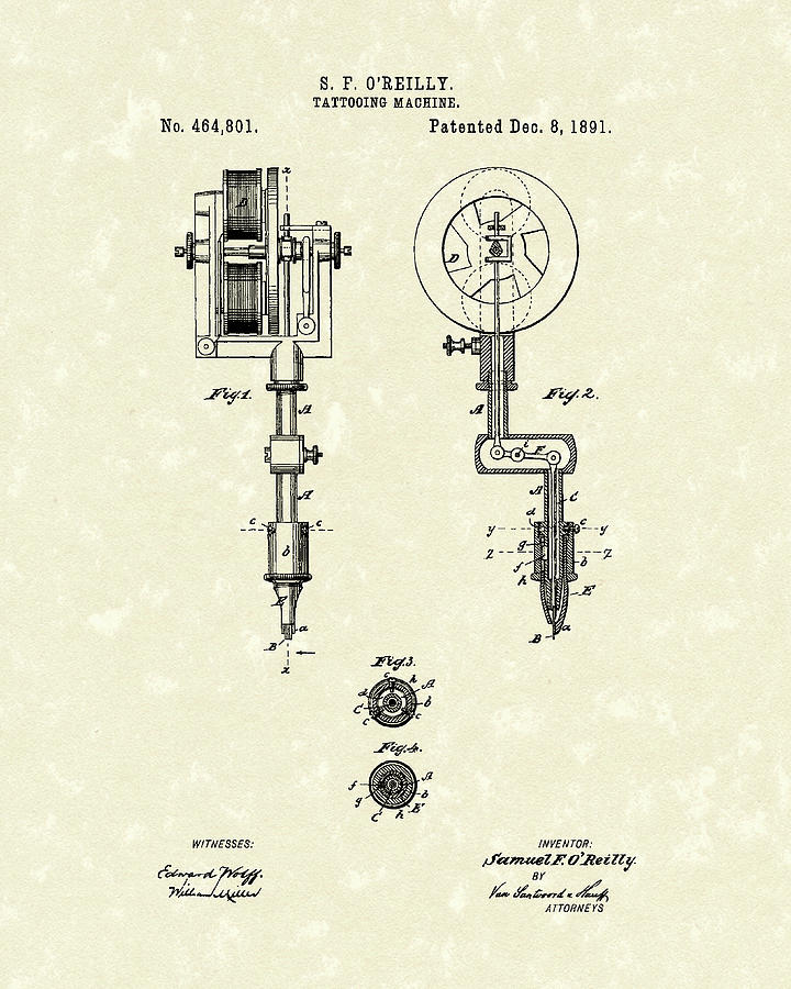 O'reilly Drawing - Tattoo Machine 1891 Patent Art by Prior Art Design