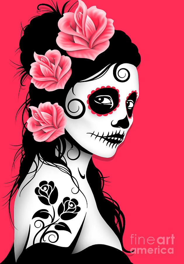 Rose Digital Art - Tattooed Day of the Dead Sugar Skull Girl Pink by Jeff Bartels