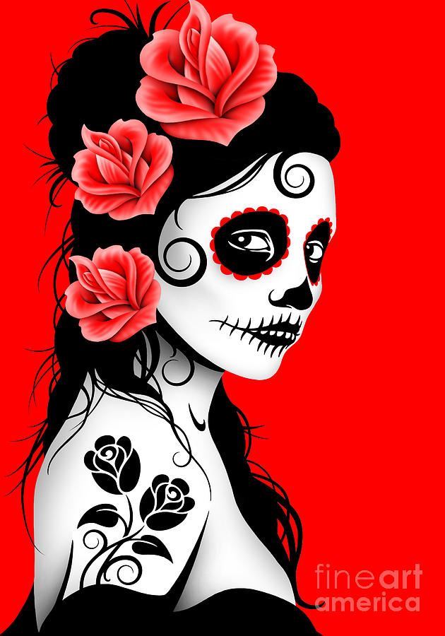 Rose Digital Art - Tattooed Day of the Dead Sugar Skull Girl Red by Jeff Bartels