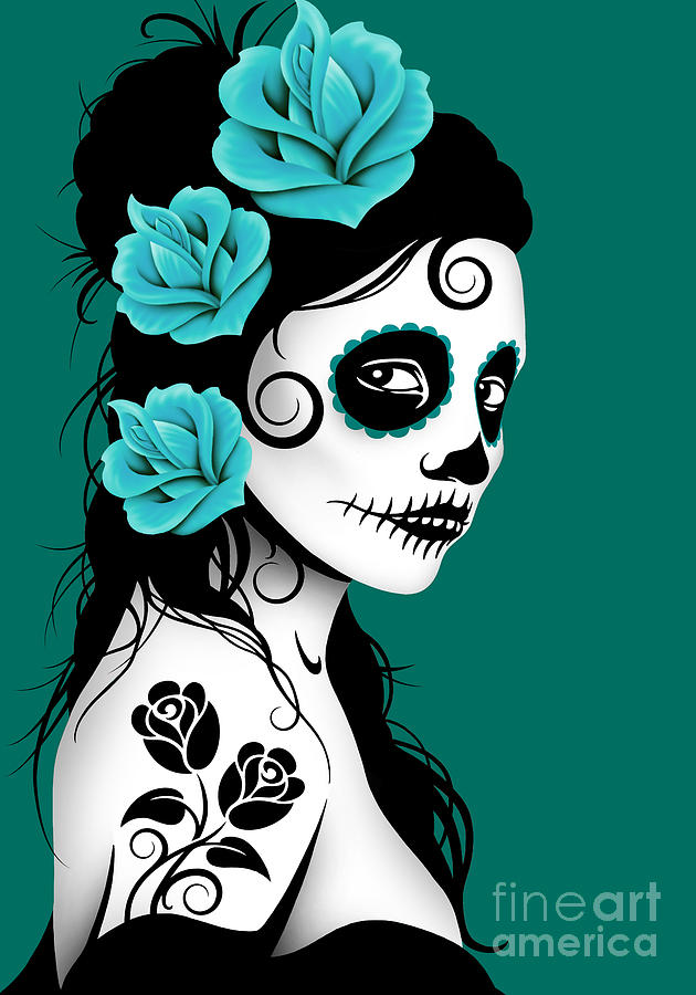 Rose Digital Art - Tattooed Day of the Dead Sugar Skull Girl Teal Blue by Jeff Bartels