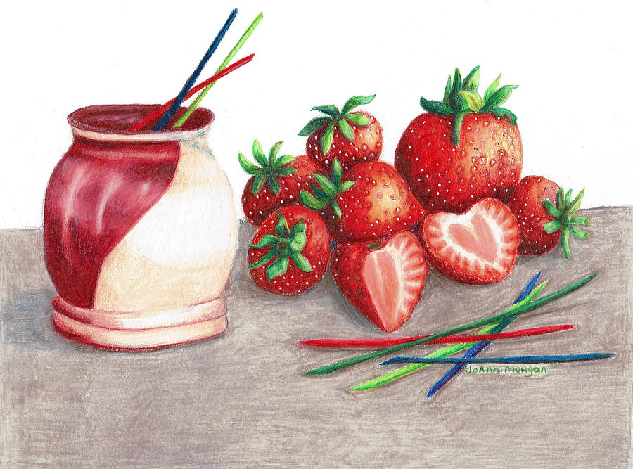 Strawberry Drawing - Tawas Pottery and Strawberries2 by JoAnn Morgan Smith
