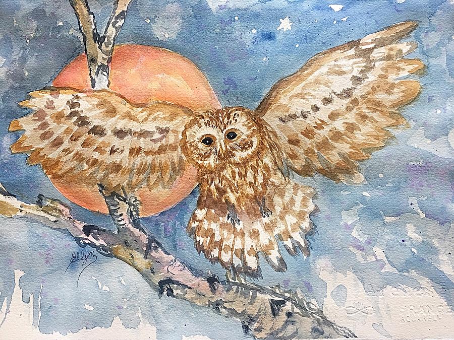 Tawny Owl And Hunters Moon  Painting by Ellen Levinson