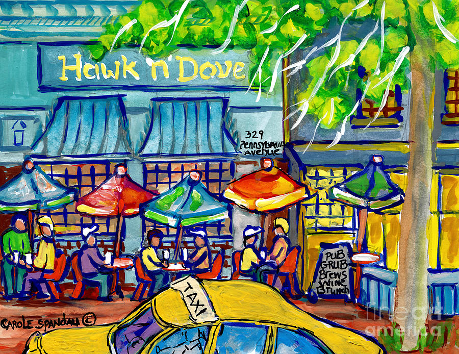 Taxi Cab To The Hawk N Dove Pub Capitol Hill Sidewalk Patio American Watercolor Streetscene Cspandau Painting by Carole Spandau