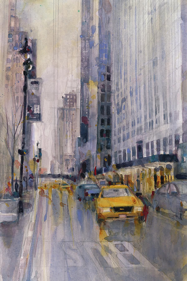 New York City Painting - Taxi - CityScape - Rainy Day in New York City - Vertical - by Dorrie Rifkin