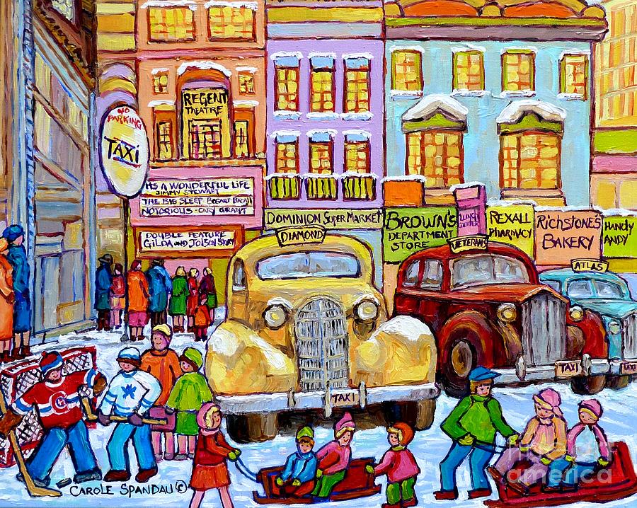 Taxi Stand Vintage Downtown  Montreal Stores And Cars Montreal Memories Winter Scenes Art C Spandau  Painting by Carole Spandau