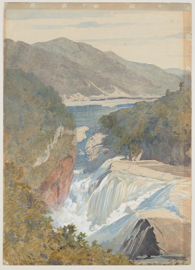 Te Reinga, Falls of the Wairoa. Hawke Bay, April 1867, Hawke Bay, by James Crowe Richmond. Painting by Celestial Images