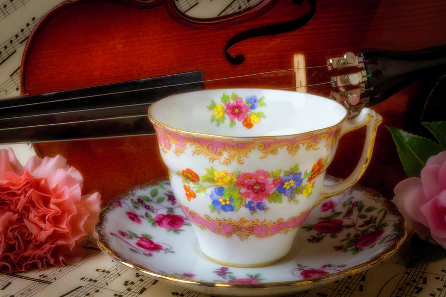 Flower Photograph - Tea Cup And Violin by Garry Gay