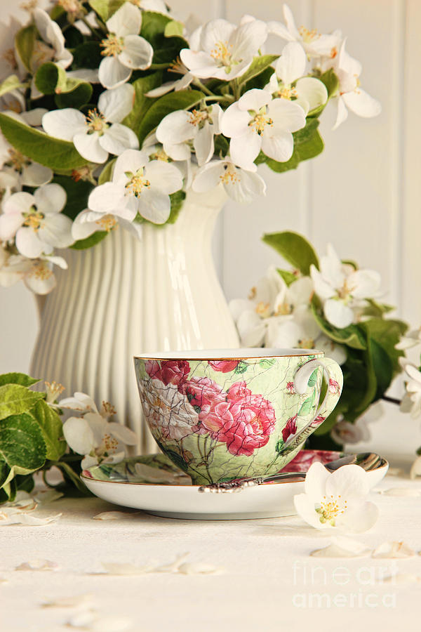 Easter Photograph - Tea cup with fresh flower blossoms by Sandra Cunningham