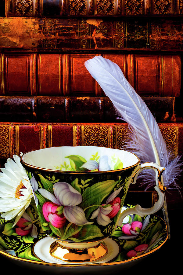 Tea Cup With Old Books And Feather Photograph by Garry Gay