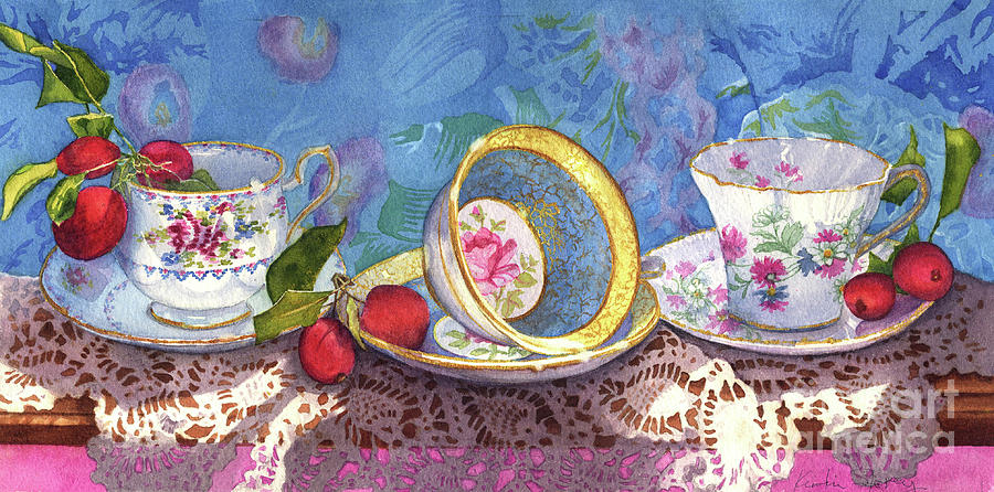 Tea Cups and Lace Painting by Kristina Storey