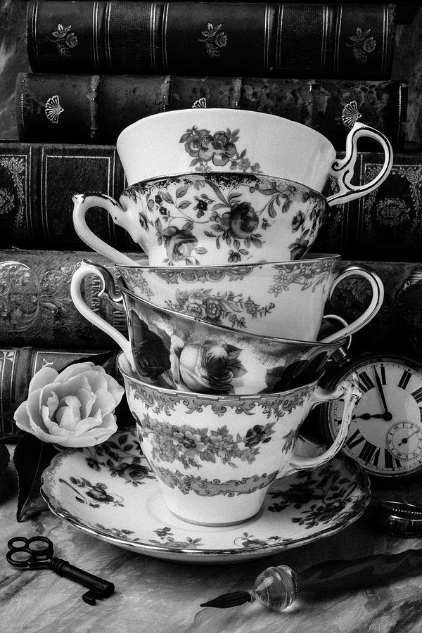 Flower Photograph - Tea Cups In Black And White by Garry Gay