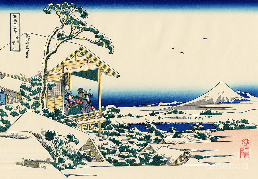 Hokusai Painting - Tea house at Koishikawa, the morning after a snowfall by Hokusai