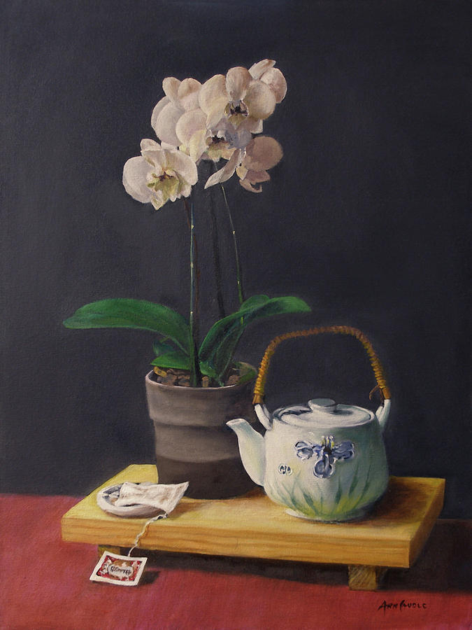 Orchid Painting - Tea Pot and Orchids by Ann Caudle