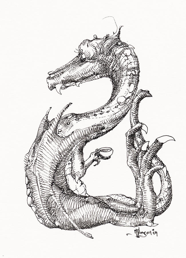 Tea Time for Dragon Drawing by Mark Johnson