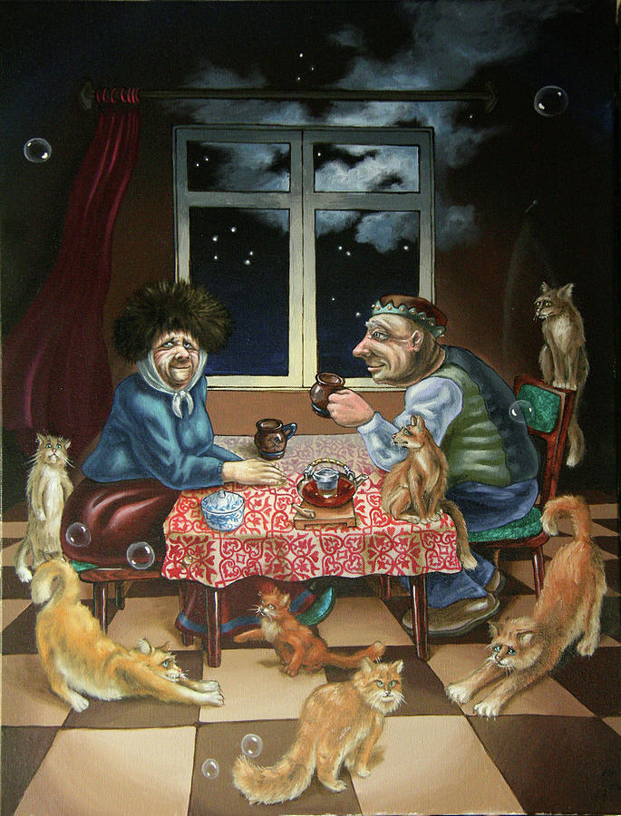 Tea with cats Painting by Victor Molev