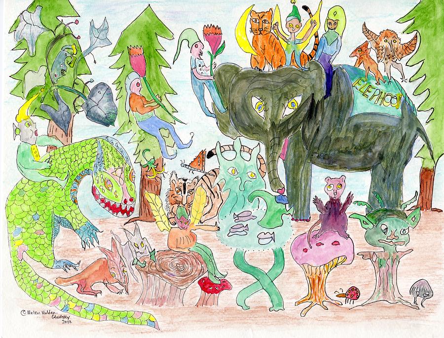 Dragon Painting - Tea with Elephoot and Friends in the Glen by Helen Holden-Gladsky
