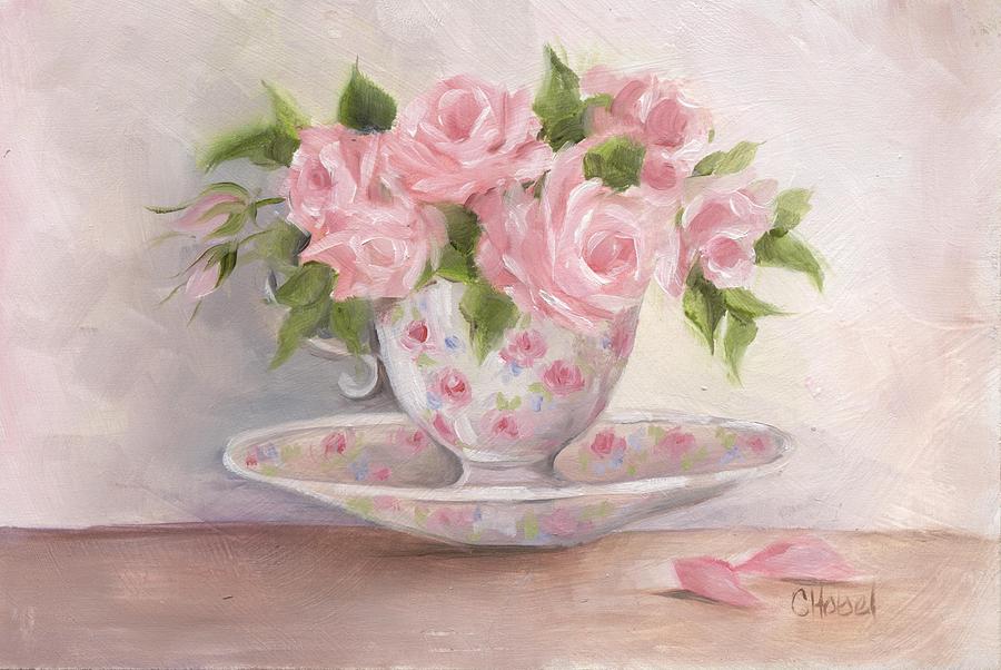 Still Life Painting - Teacup And Saucer Rose Shabby Chic Painting by Chris Hobel