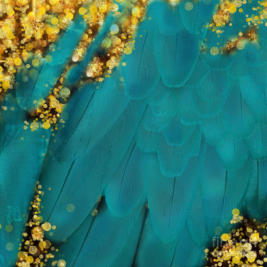 Fantasy Digital Art - Teal blue feather Fantasy art, gold sparkles by Tina Lavoie