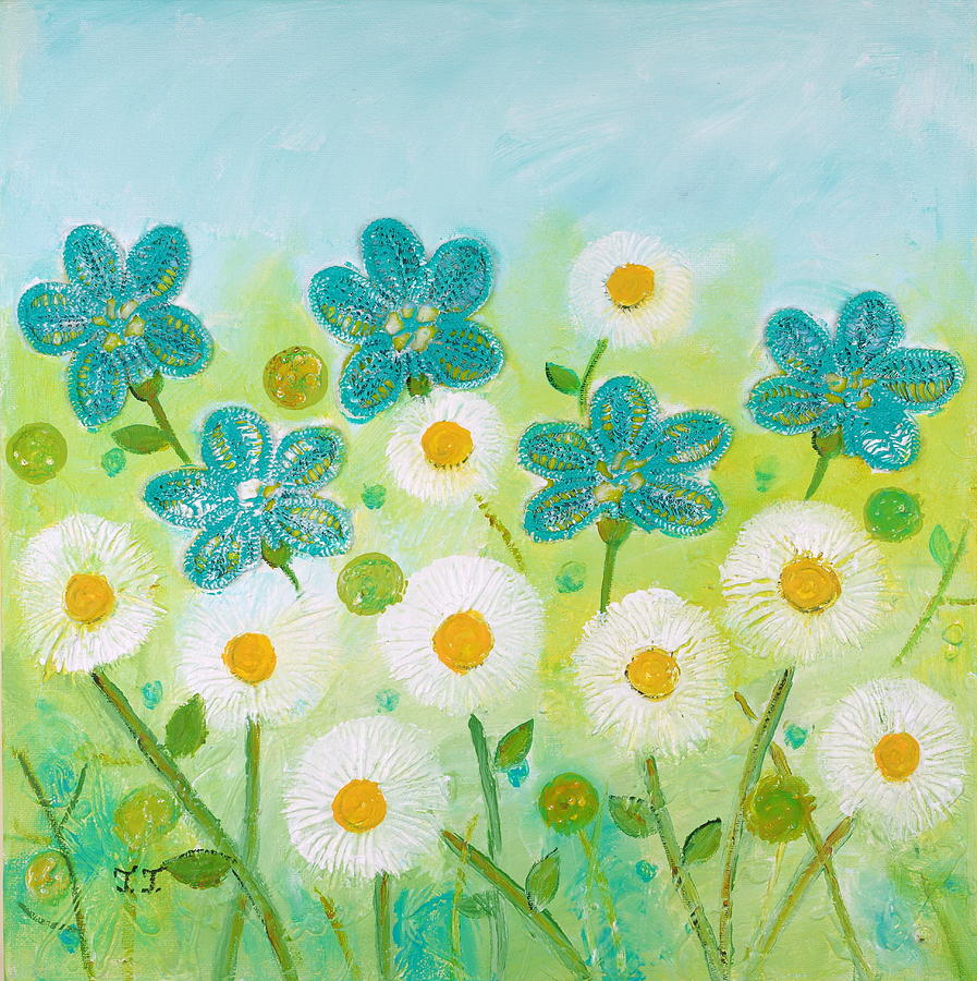 Teal Flowers and Daisies Painting by Teodora Totorean