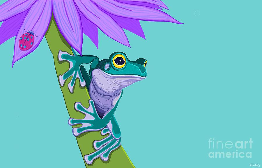 Frog Painting - Teal Frog and Purple Flower by Nick Gustafson