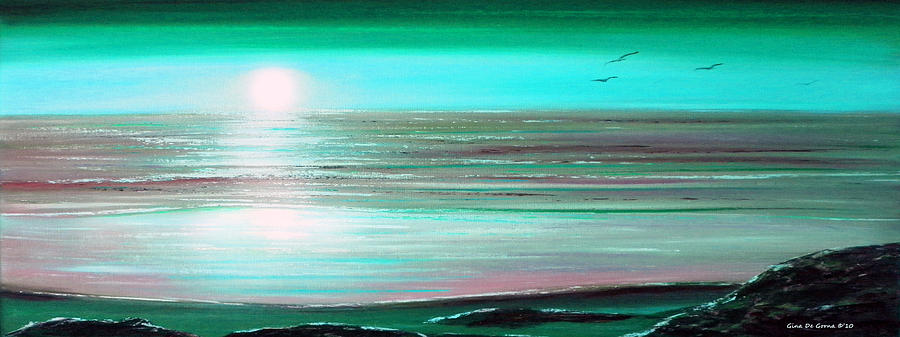 Teal Panoramic Sunset Painting by Gina De Gorna