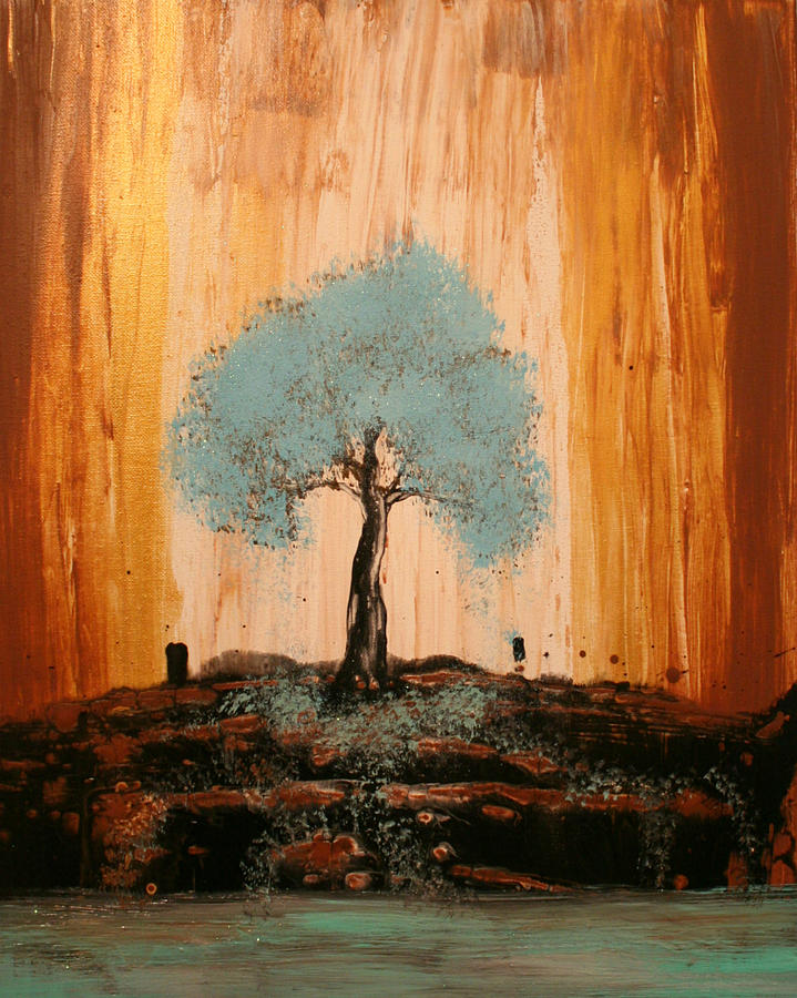 Teal Turquoise Tree Painting by Alma Yamazaki