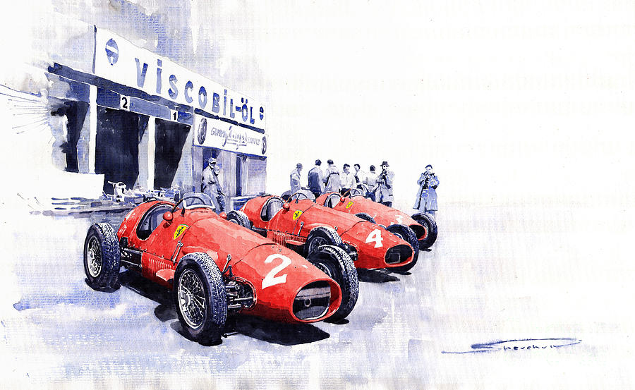 Watercolour Painting - 1953 Team Ferrari 500 F2 German GP by Yuriy Shevchuk