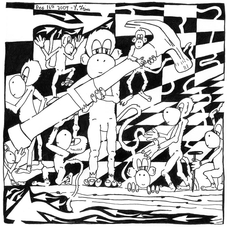 Monkeys Drawing - Team Of Monkeys Maze Cartoon - Hammering Nail by Yonatan Frimer Maze Artist Monkeys Drawing - Team Of Monkeys Maze Cartoon - Hammering Nail by Yonatan Frimer Maze Artist