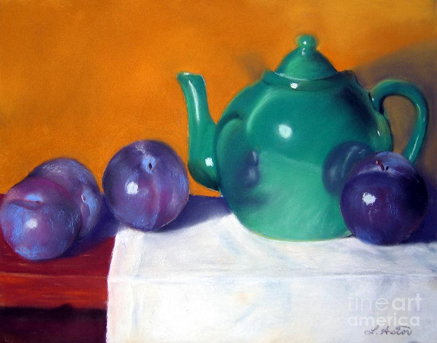 Still Life Painting - Teapot and Plums by Laurel Astor