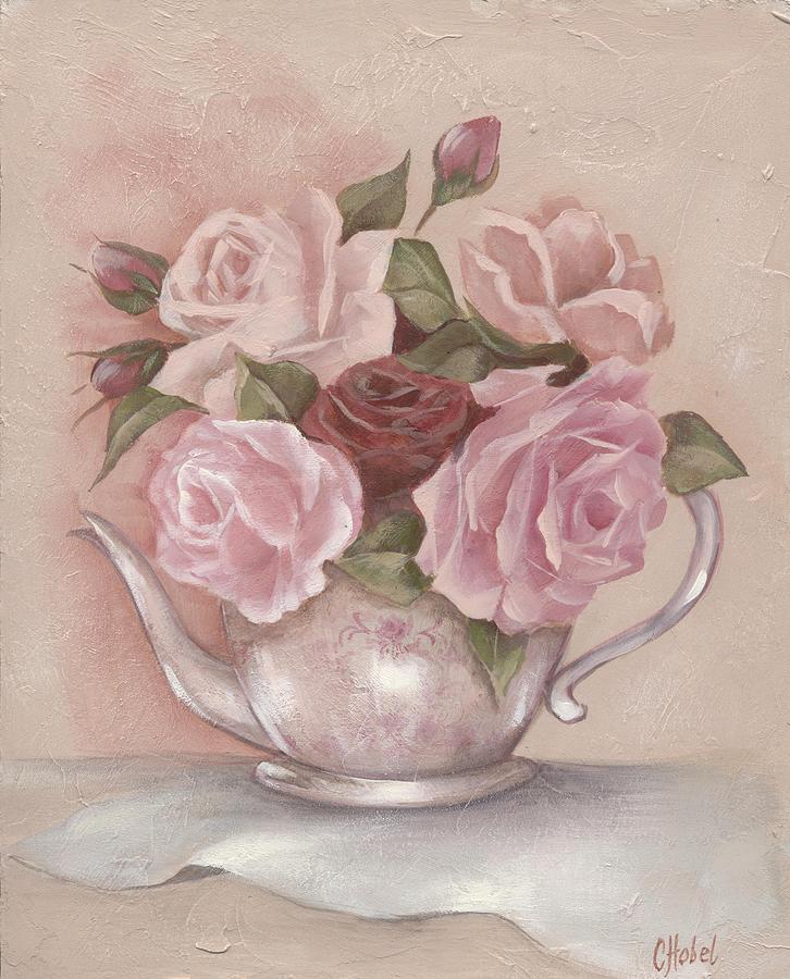 Teapot Roses Painting by Chris Hobel