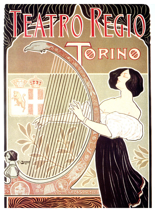 Vintage Mixed Media - Teatro Regio - Torino, Italy - Girl playing a harp - Vintage Art Nouveau Advertising Poster by Studio Grafiikka