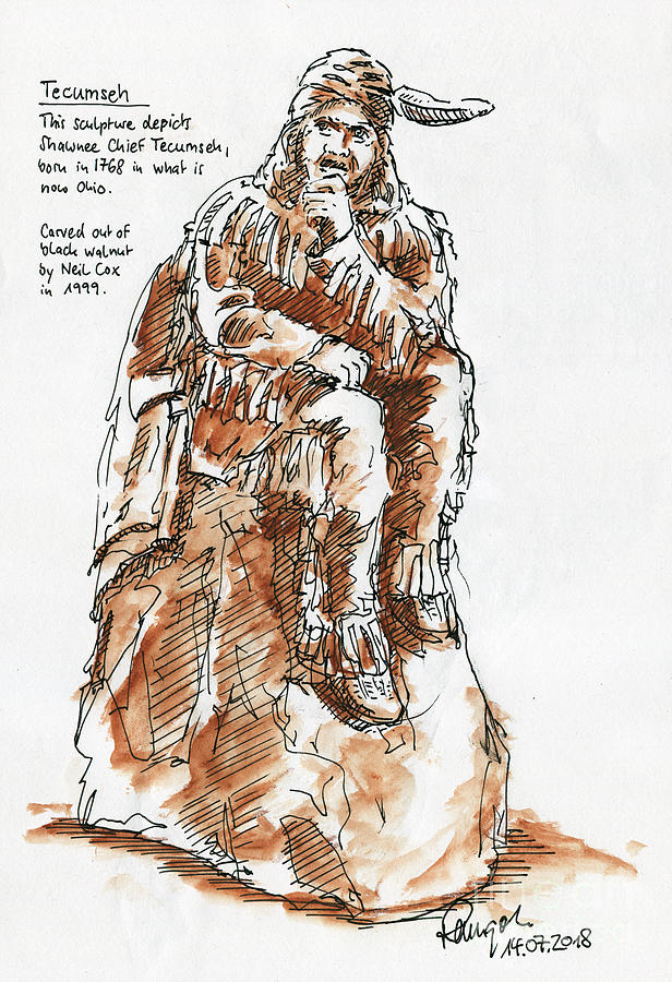Tecumseh Drawing - Tecumseh Sculpture Chimczuk Museum Windsor Ink Drawing and Water by Frank Ramspott