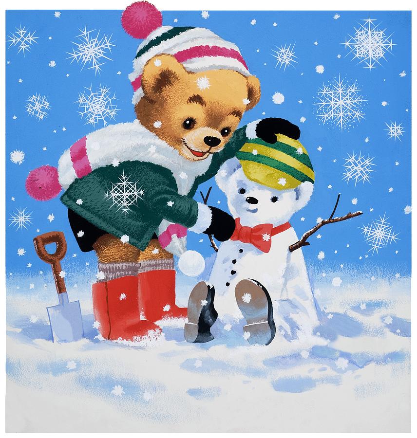 Teddy Bear Building a Snowman Painting by William Francis Phillipps