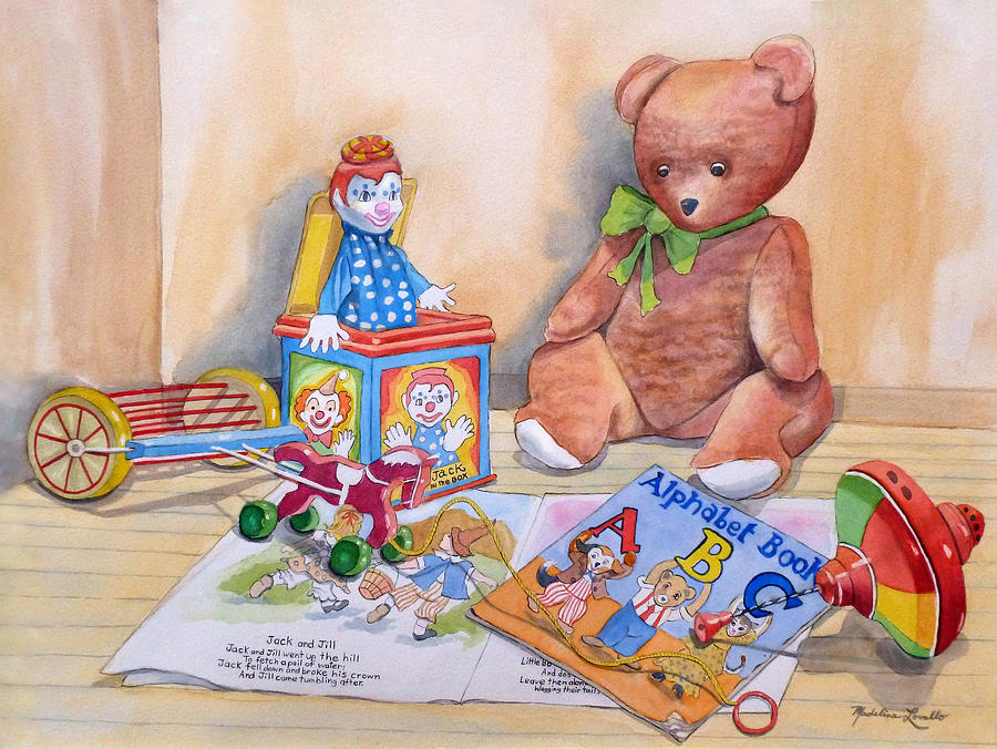 Teddy Bear With Books And Toys Painting by Madeline  Lovallo